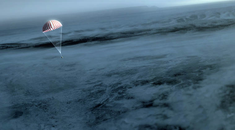 An artist's concept of OSIRIS-REx's return capsule on the main parachute. Credit: NASA