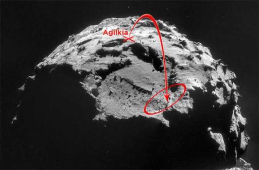 Diferencia entre la zona de aterrizaje original y la final (ESA/http://news.discovery.com/).